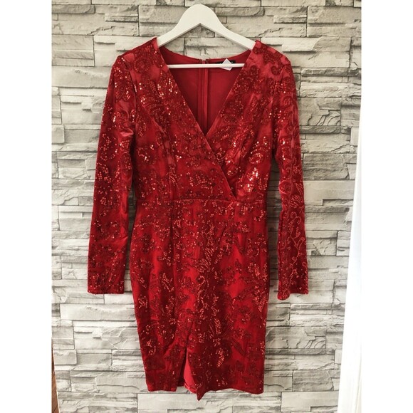 VENUS Vixen Ruby Red Velvet Sequin Mini Dress Faux Wrap Front Slit Lined Size 6 - Picture 2 of 12